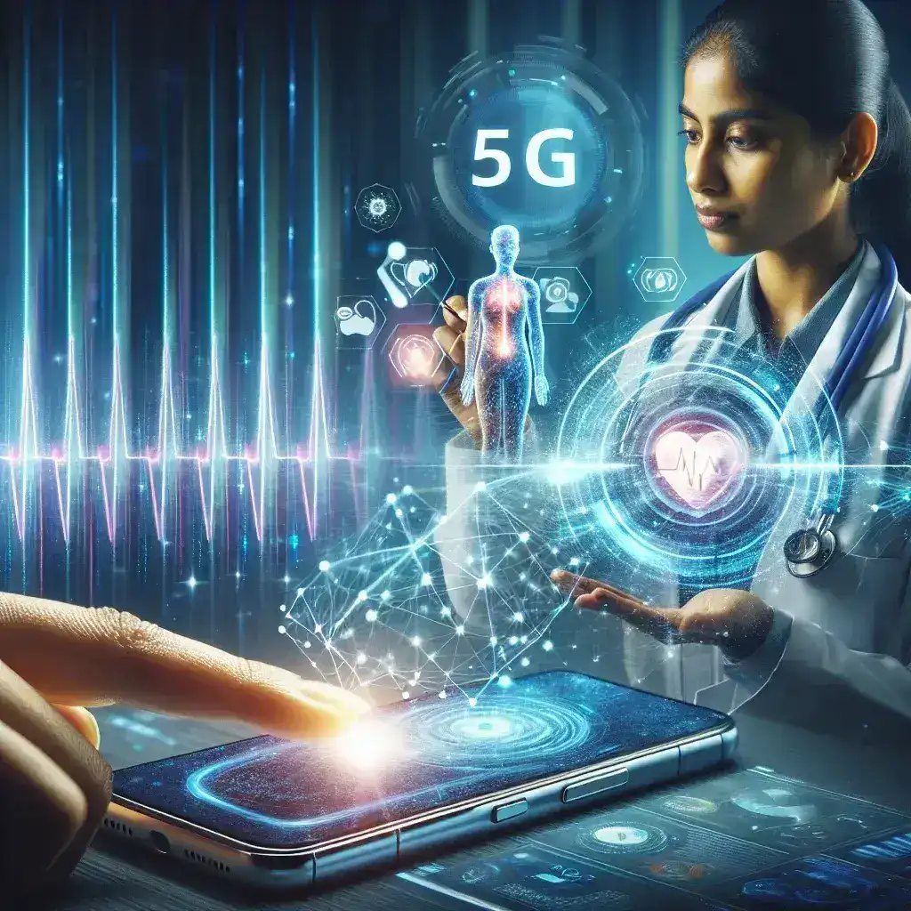"High-speed 5G network illustration showcasing telemedicine advancements, featuring a doctor using a laptop for virtual consultations with patients, symbolizing improved healthcare access and technology integration."
