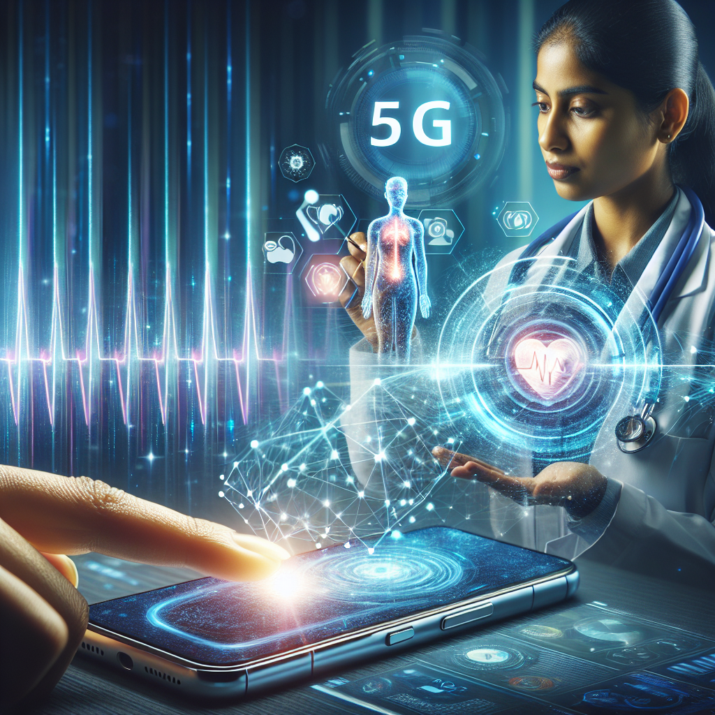 "High-speed 5G network illustration showcasing telemedicine advancements, featuring a doctor using a laptop for virtual consultations with patients, symbolizing improved healthcare access and technology integration."